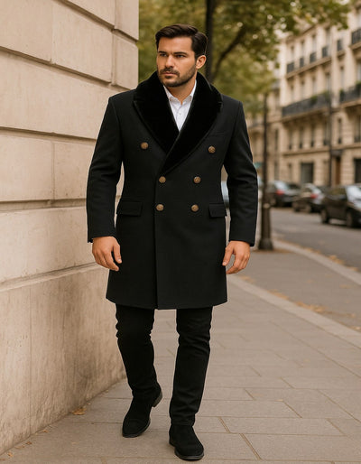 Men’s Black Double-Breasted Overcoat with Faux Fur Collar and Gold Buttons