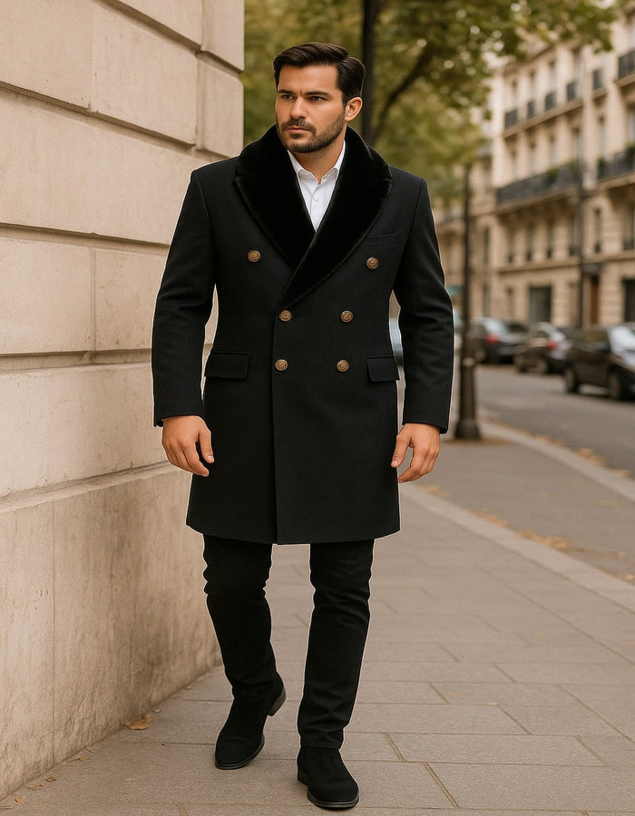 Men’s Black Double-Breasted Overcoat with Faux Fur Collar and Gold Buttons by USA Men's Outlet