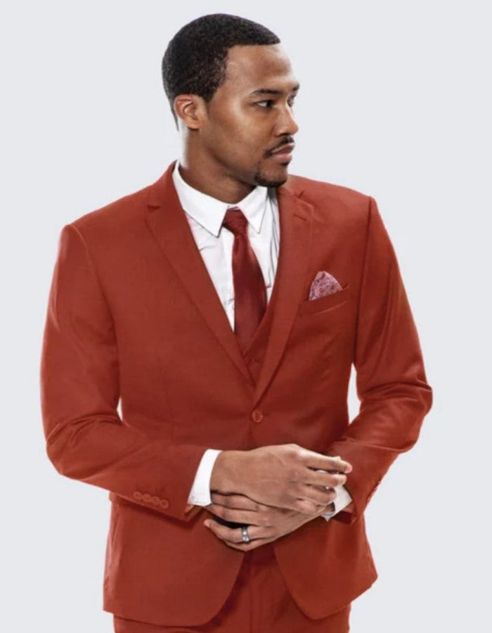 Brick Red Notch Label Skinny Fit Suit Three Piece Set - Wedding - Prom by Men's Tuxedo USA