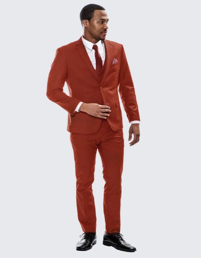 Brick Red Notch Label Skinny Fit Suit Three Piece Set - Wedding - Prom by Men's Tuxedo USA