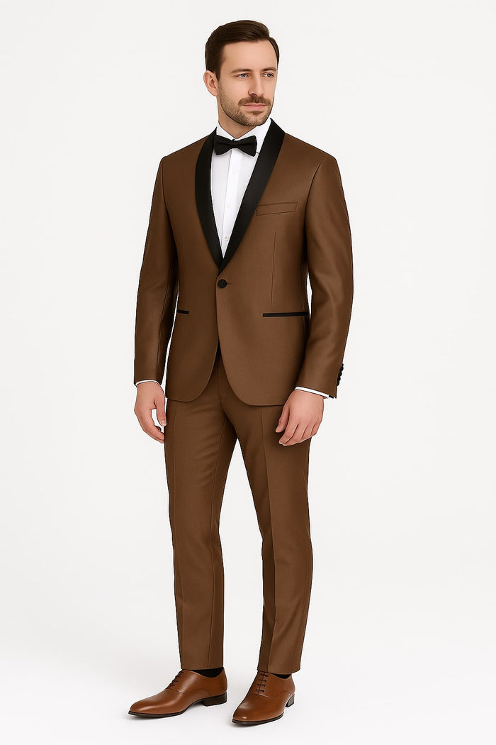 Mens Bronze Satin Shawl Lapel Tuxedo Suit - Light Brown Coffee Color by USA Men's Outlet