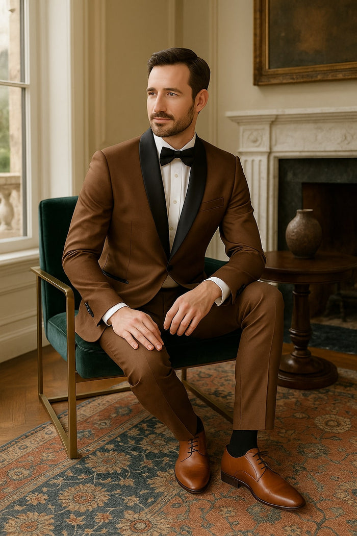 Mens Bronze Satin Shawl Lapel Tuxedo Suit - Light Brown Coffee Color by USA Men's Outlet