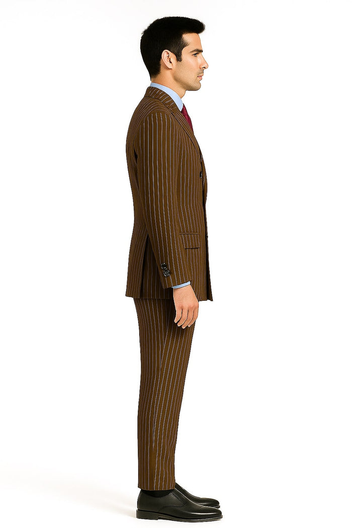 Mens Brown Pinstripe Double-Breasted Suit - Classic 6-Button Business and Vintage Style by USA Men's Outlet