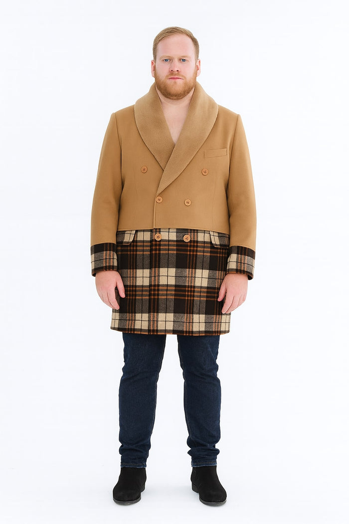 Mens Camel Brown Shawl Collar Overcoat with Plaid Wool Bottom - Double-Breasted Winter Topcoat With Fur Collar by USA Men's Outlet