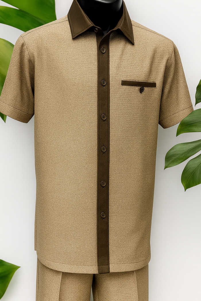Mens Brown Tan Houndstooth Short Sleeve Walking Suit by USA Men's Outlet