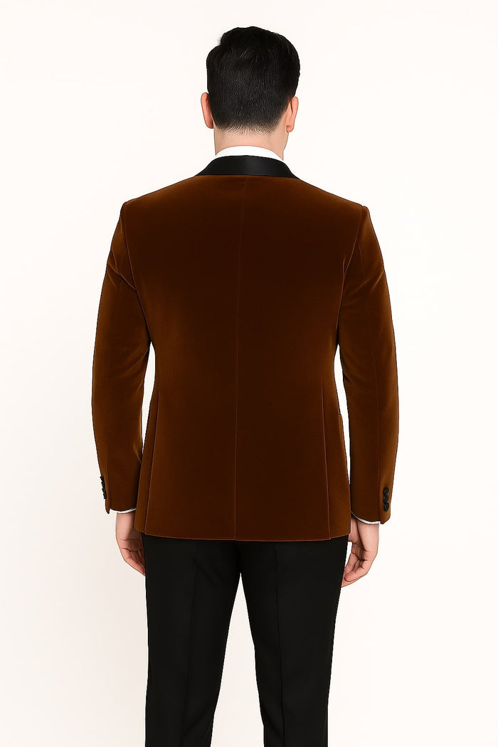 Mens Brown Velvet Tuxedo with Black Satin Shawl Lapel - One Button Formal Suit Jacket by USA Men's Outlet