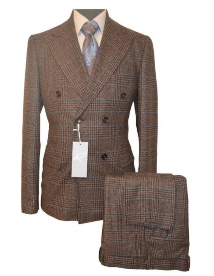 Vintage Suit - Rossiman Suit - Brown and Blue Mix Windowpane Suit - Brown groomsmen suits