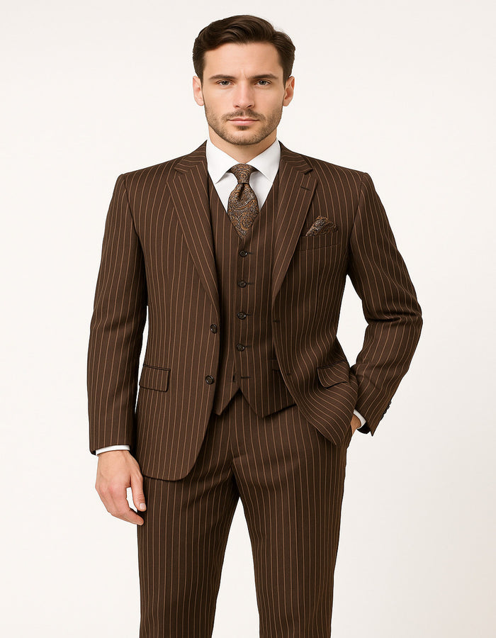Men's Brown Pinstripe 3-Piece Suit with Matching Vest - Classic Fit Business and Formal Attire by USA Men's Outlet