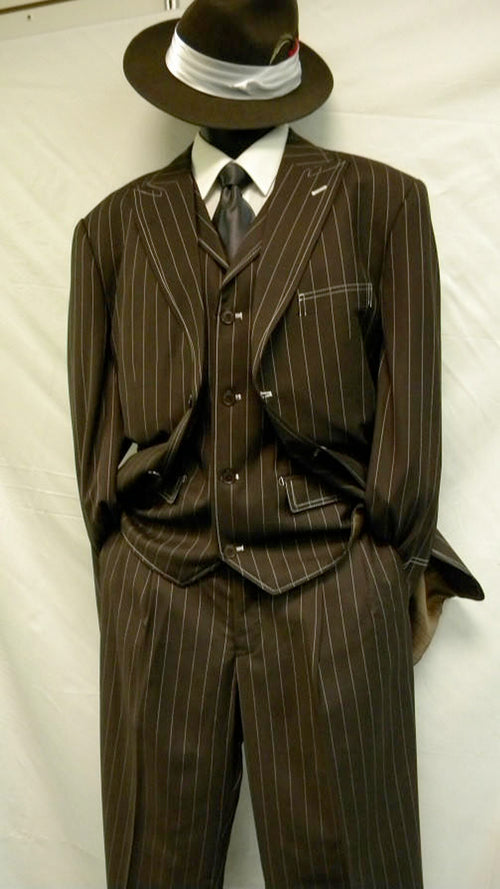 Mens Brown Pinstripe Zoot Suit – 1920s Gangster Vintage 3-Piece Suit with Wide-Leg Pants and Fedora Look - Three Buttons