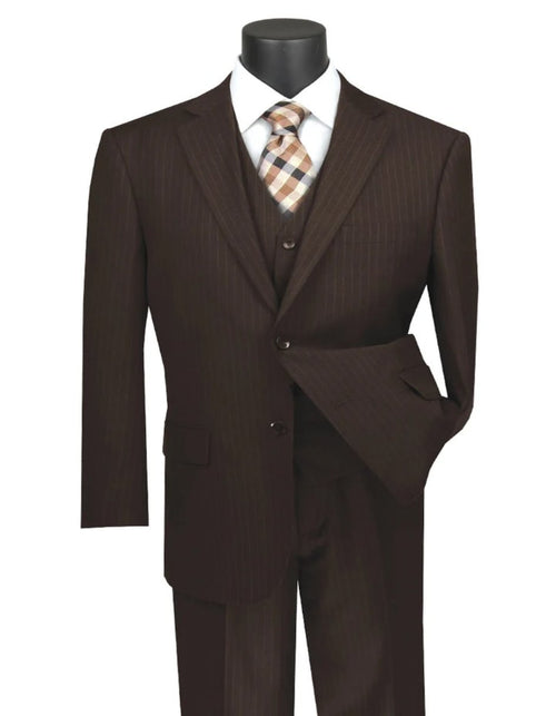 Pleated Dress Men Suits - Mens Classic Fit Vested Banker Brown Pinstripe Suit by Men's Tuxedo USA