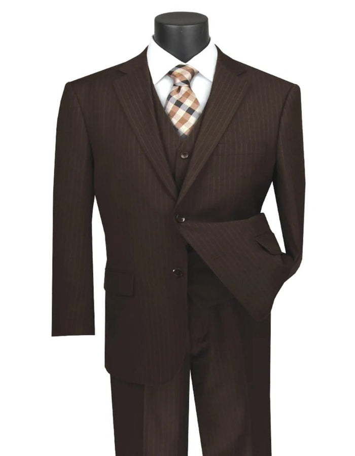 Pleated Dress Men Suits - Mens Classic Fit Vested Banker Brown Pinstripe Suit by Men's Tuxedo USA