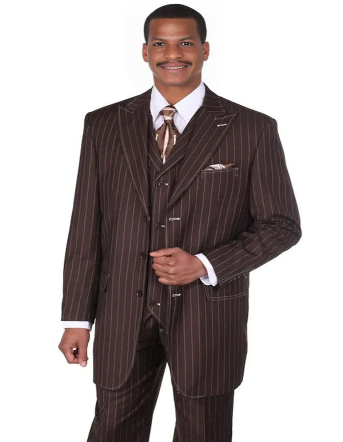 Pleated Dress Men Suits - Mens Vintage Vested Gangster Bold Pinstripe Brown Single Breasted Fashion Suit by Men's Tuxedo USA