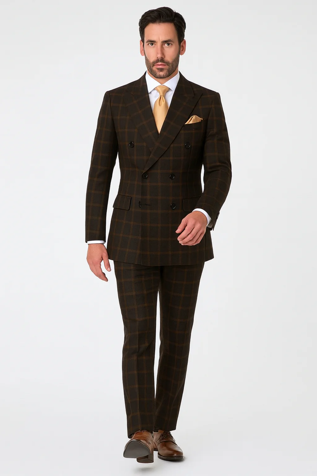 Men's Brown Plaid Double-Breasted Wool Suits – Classic Windowpane Two-Piece Formal Suits By Rossiman – SuitUSA