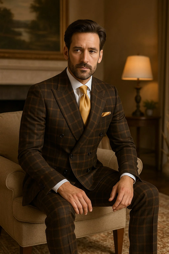 Men's Brown Plaid Double-Breasted Wool Suits – Classic Windowpane Two-Piece Formal Suits By Rossiman