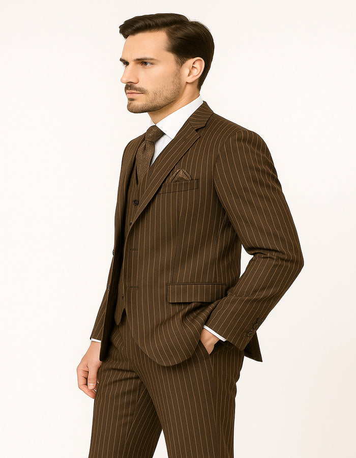 Men's Brown Pinstripe 3-Piece Suit with Matching Vest - Classic Fit Business and Formal Attire by USA Men's Outlet
