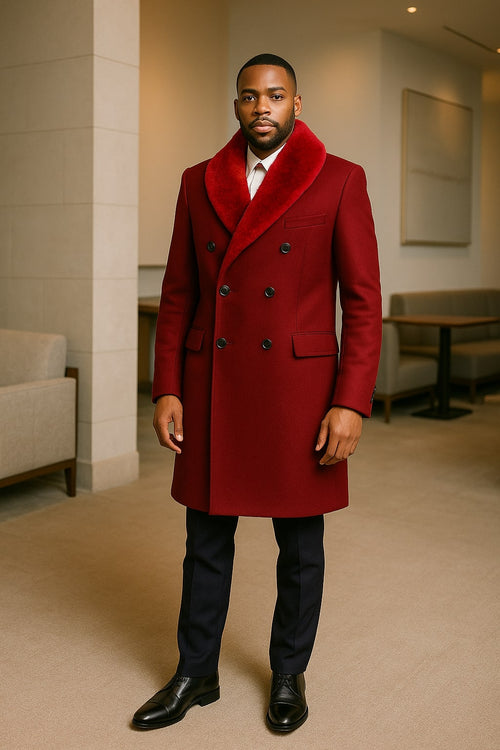 Mens Double-Breasted Burgundy Overcoat with Red Faux Fur Shawl Collar – Alberto Nardoni Winter Coat
