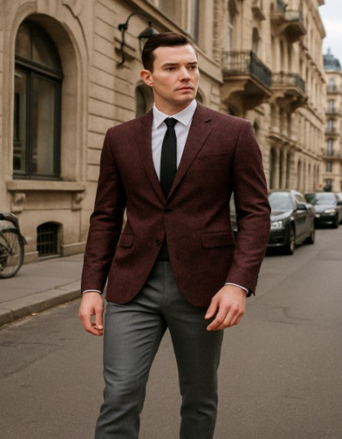 Mens Burgundy Paisley Tuxedo Blazer - Slim Fit Formal Dinner Jacket - Velvet Fabric - Slim Fitted by USA Men's Outlet