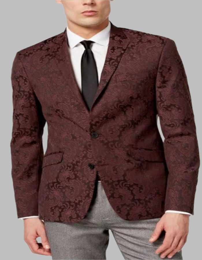Mens Burgundy Paisley Tuxedo Blazer - Slim Fit Formal Dinner Jacket - Velvet Fabric - Slim Fitted by USA Men's Outlet