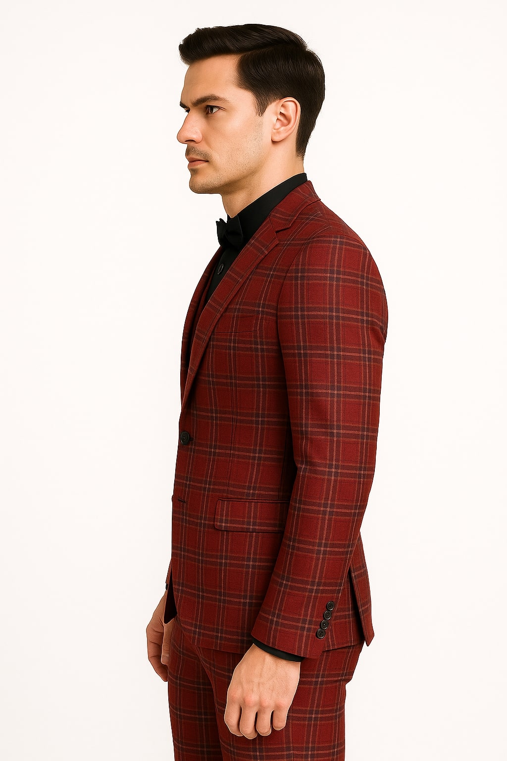 Mens Burgundy Plaid Three-Piece Suit – Ultra Slim Fit Checkered Windowpane Redish 544-10