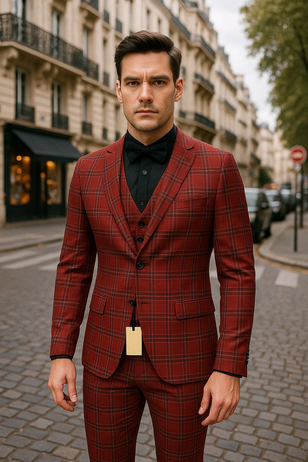Mens Burgundy Plaid Three-Piece Suit – Ultra Slim Fit Checkered Windowpane Redish 544-10