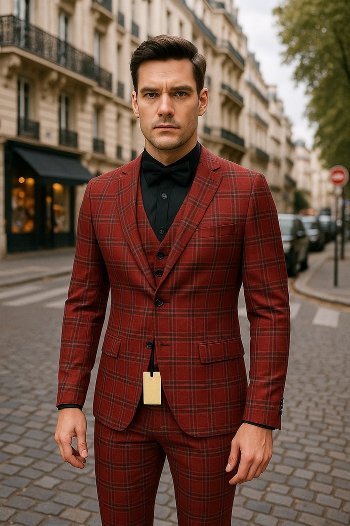 Mens Burgundy Plaid Three-Piece Suit - Ultra Slim Fit Checkered Windowpane Redish 544-10 by USA Men's Outlet