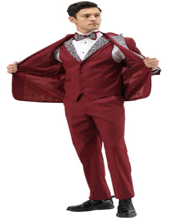 Burgundy Prom Tuxedo - Perfect Wedding Suit Vested Rhinestone Lapelled by USA Men's Outlet