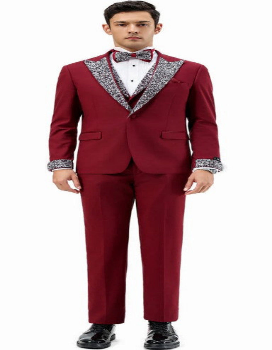 Burgundy Prom Tuxedo - Perfect Wedding Suit Vested Rhinestone Lapelled