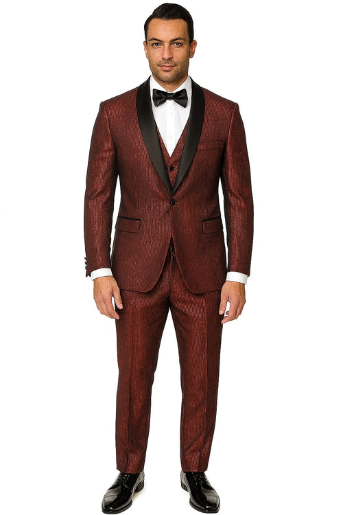 Mens Burgundy Shiny Stripe Tuxedo Jacket - Slim Fit Satin Lapel Dinner Blazer for Formal Events by USA Men's Outlet