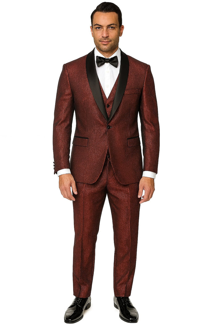 Mens Burgundy Shiny Stripe Tuxedo Jacket - Slim Fit Satin Lapel Dinner Blazer for Formal Events by USA Men's Outlet