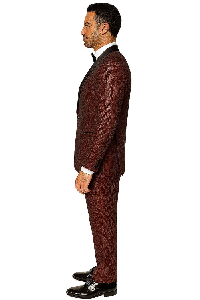 Mens Burgundy Shiny Stripe Tuxedo Jacket - Slim Fit Satin Lapel Dinner Blazer for Formal Events by USA Men's Outlet