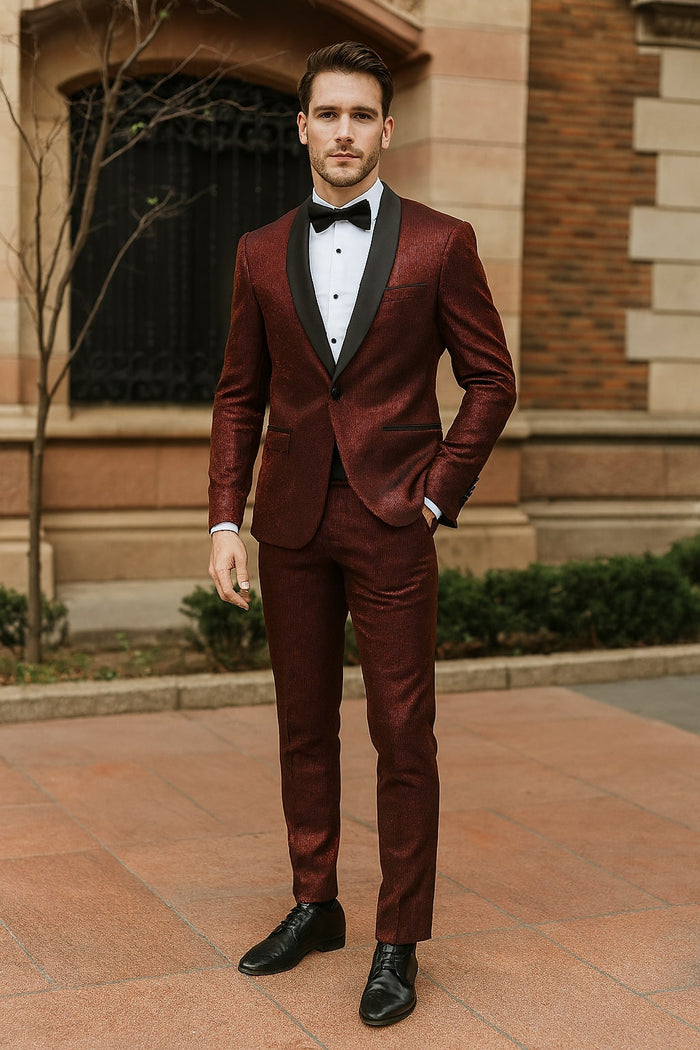 Mens Burgundy Shiny Stripe Tuxedo Jacket - Slim Fit Satin Lapel Dinner Blazer for Formal Events by USA Men's Outlet