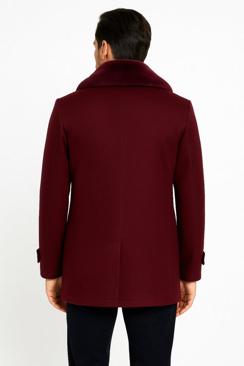 Mens Burgundy Double-Breasted Overcoat with Faux Fur Shawl Collar - Slim Fit Peacoat - Alberto Nardoni Signature by USA Men's Outlet