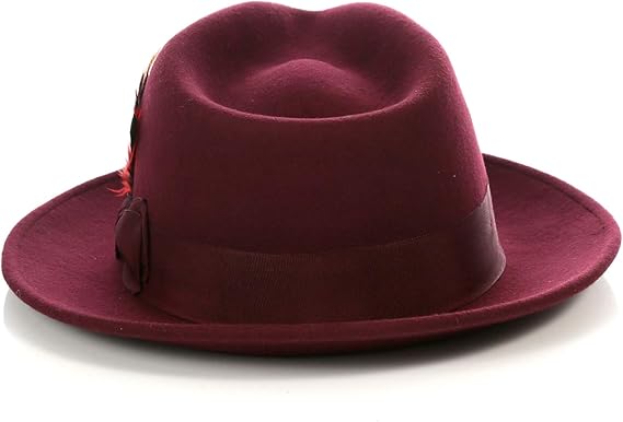 Gangster 100% Australian Wool Crushable Mens Fedora Hat - Removable Feather Gangster  Burgundy Mens Fedora Hat