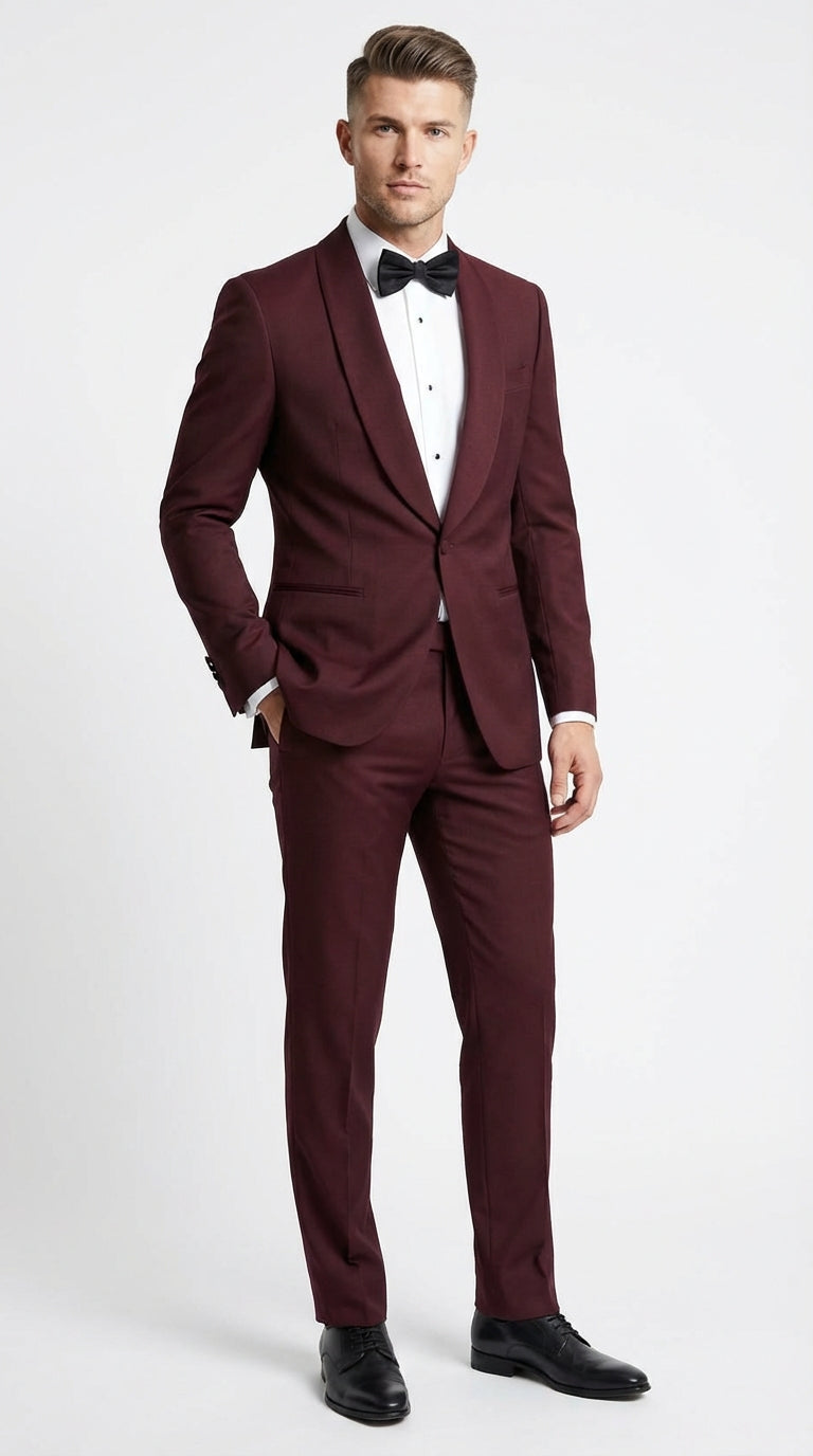Men's Burgundy and Burgundy Shawl Lapel Tuxedo Suit | Classic Formal Wedding Prom Dinner Jacket Set