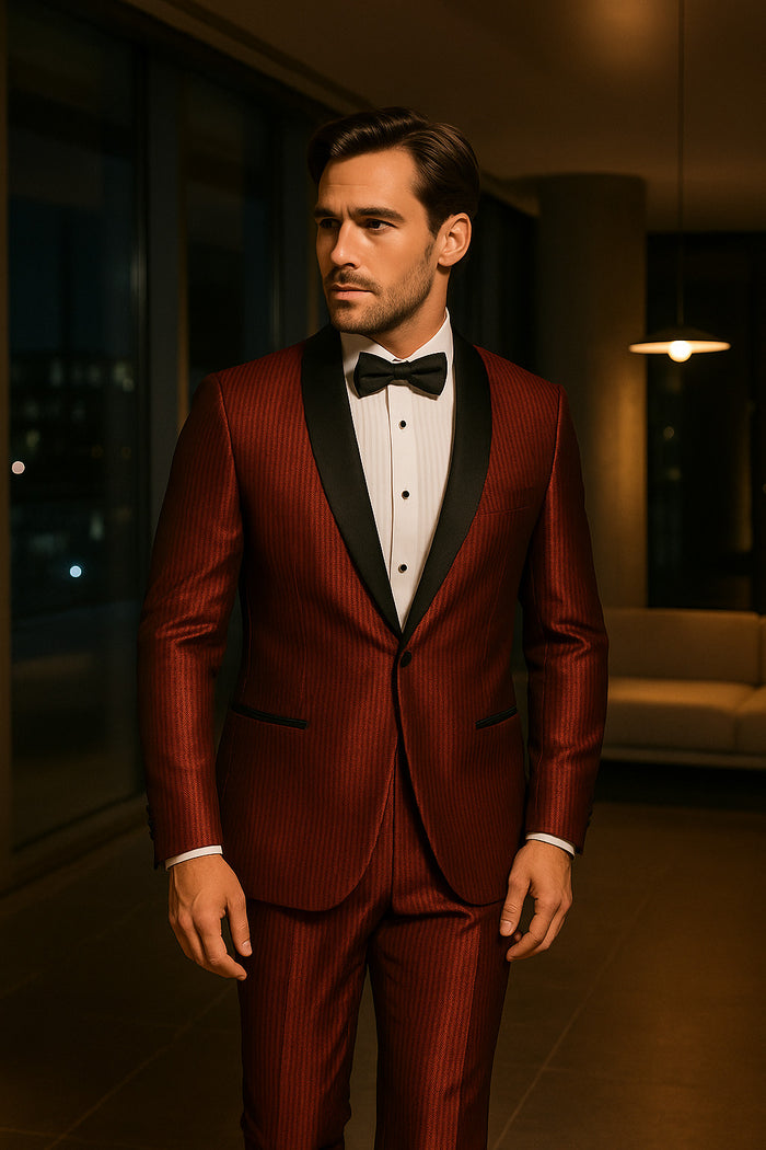 Men's Burgundy Shiny Tuxedo with Black Satin Shawl Lapel - Ultra Slim Fit Party & Prom Suit by USA Men's Outlet