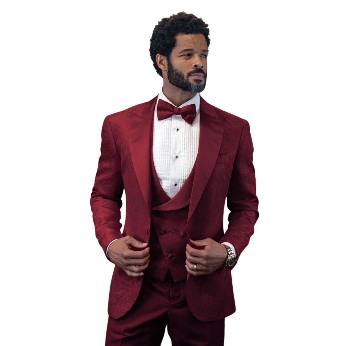 Men's Burgundy Peak Lapel 3-Piece Tuxedo
