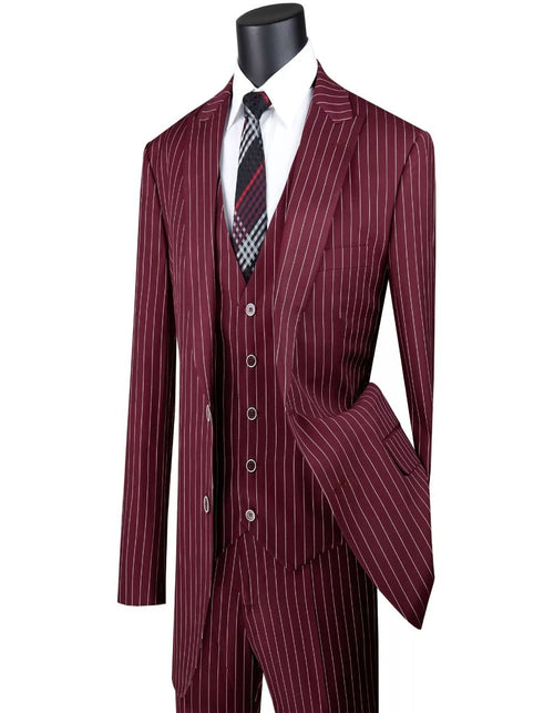 Mens Big and Tall Burgundy Gangster Stripe Three Piece Classic Fit Suit by USA Men's Outlet