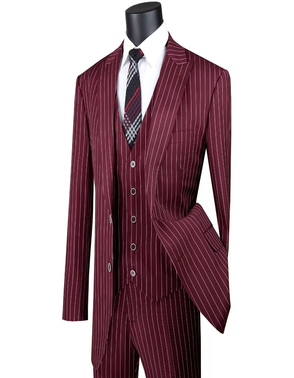 Mens Big and Tall Burgundy Gangster Stripe Three Piece Classic Fit Suit by USA Men's Outlet