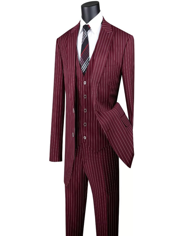 Mens Big and Tall Burgundy Gangster Stripe Three Piece Classic Fit Suit by USA Men's Outlet