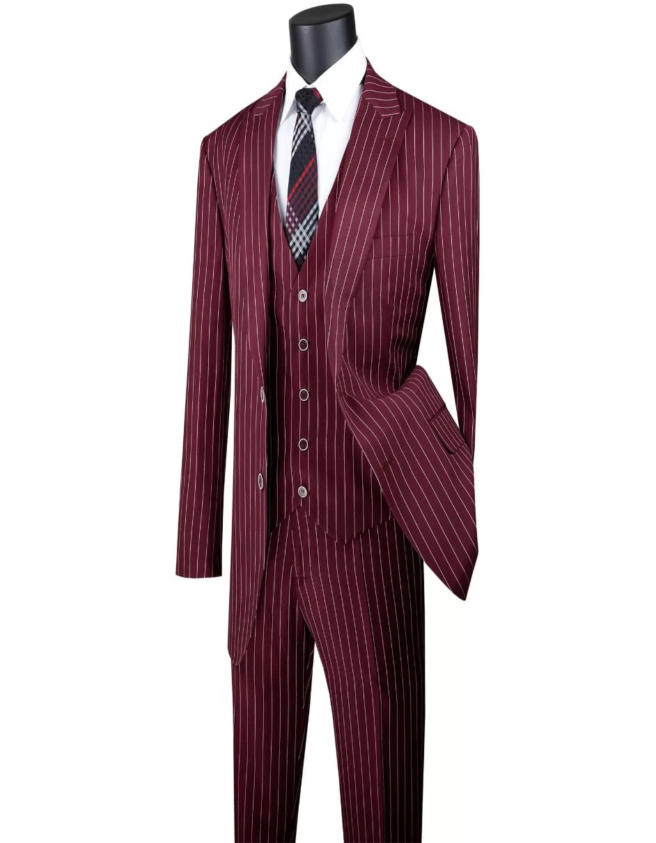 Mens Big and Tall Burgundy Gangster Stripe Three Piece Classic Fit Suit by USA Men's Outlet – SuitUSA