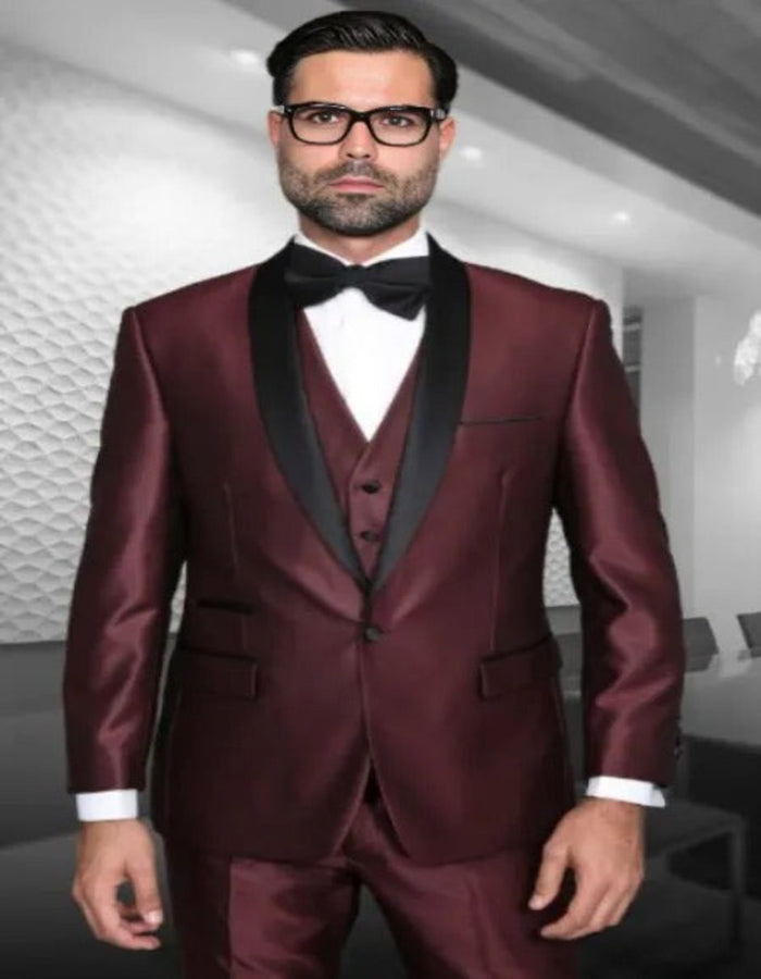 Burgundy Tuxedo - Maroon Burgundy Color - Shiny Burgundy Tuxedo - Sharkskin Maroon Tuxedo Suit by Men's Tuxedo USA