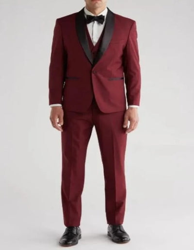 Burgundy Tuxedo - Maroon Burgundy Color - Shawl Collar Tuxedo Vested Suit - Burgundy Wedding Prom Suit by Men's Tuxedo USA