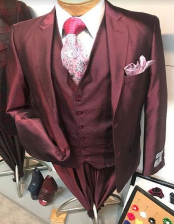 Burgundy Tuxedo - Maroon Burgundy Color - Shiny Burgundy Vested Suit - 3 Pieces Maroon Flashy Suit by Men's Tuxedo USA