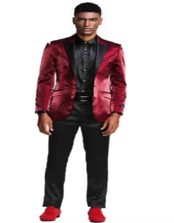 Burgundy Tuxedo - Maroon Burgundy Color - Shiny Tuxedo - Shiny Suit With Black Pants And Matching Bowtie Burgundy by Men's Tuxedo USA