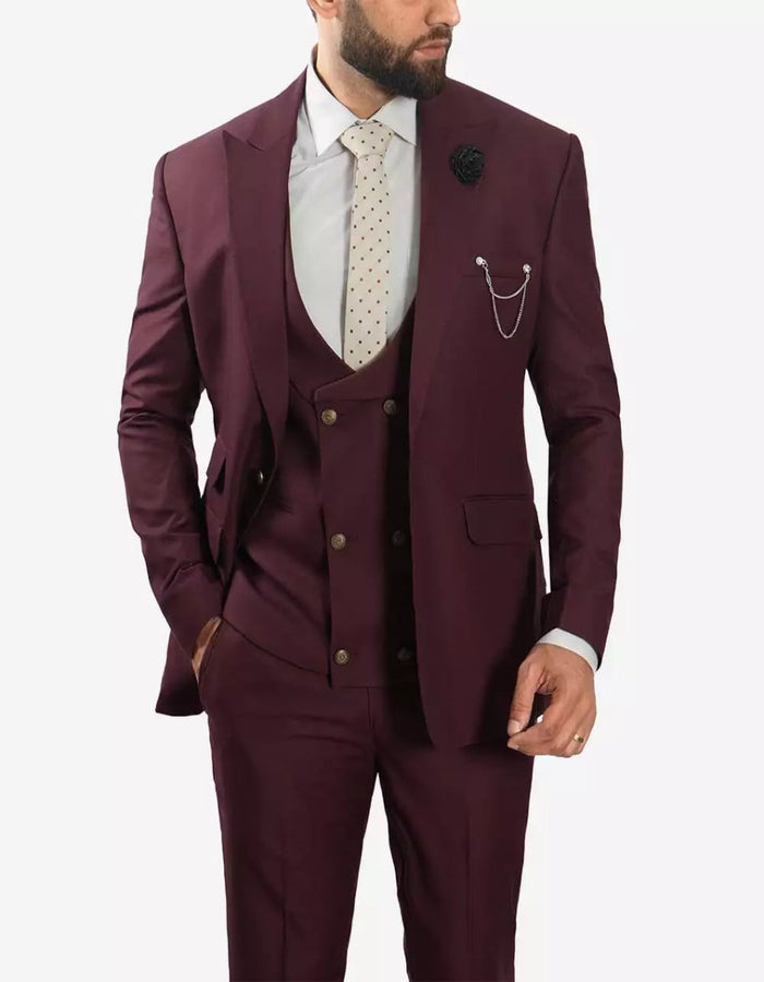 Mens Morgan Peak Lapel 3 Piece Burgundy Suit by USA Men's Outlet