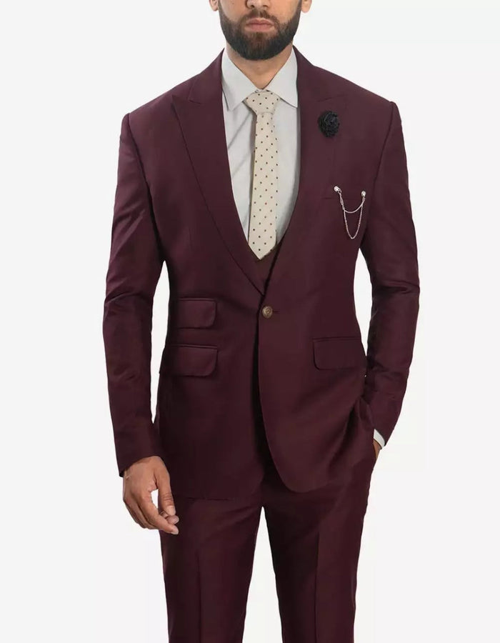 Mens Morgan Peak Lapel 3 Piece Burgundy Suit by USA Men's Outlet