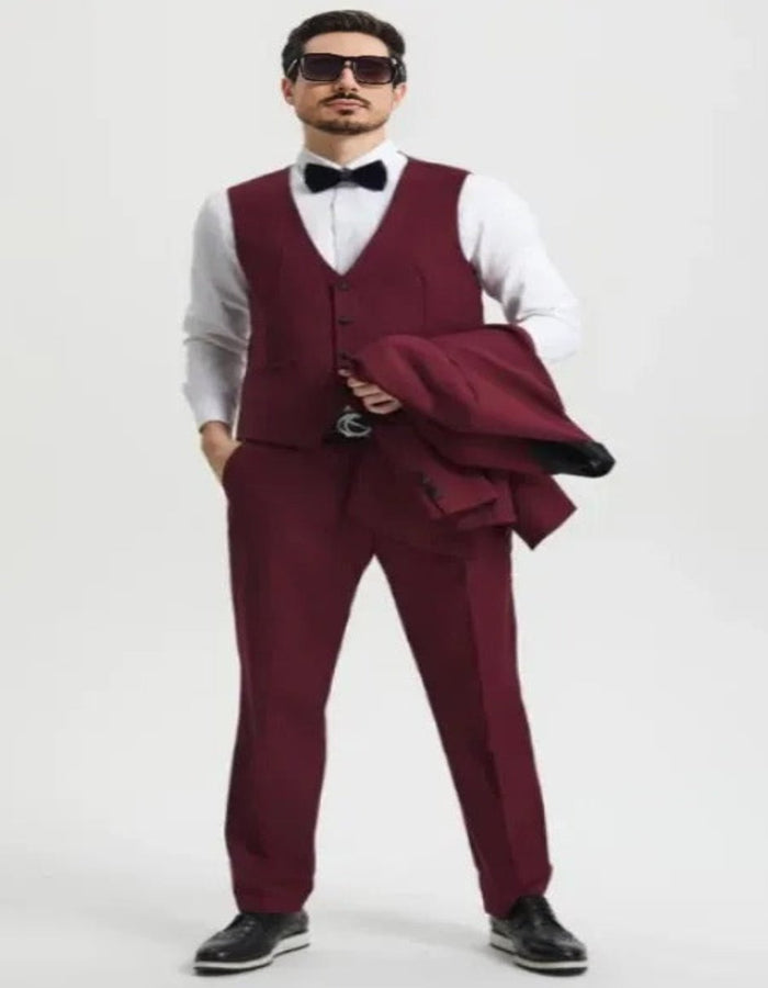Burgundy Tuxedo - Maroon Burgundy Color - Mens One Button Shawl Lapel Matching Pants and Vest Tuxedo in Burgundy by Men's Tuxedo USA