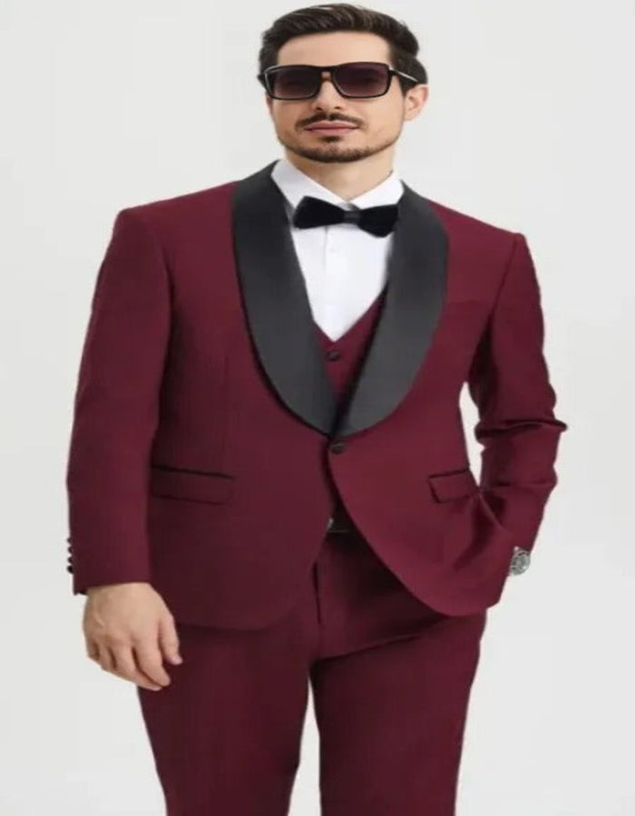 Burgundy Tuxedo - Maroon Burgundy Color - Mens One Button Shawl Lapel Matching Pants and Vest Tuxedo in Burgundy by Men's Tuxedo USA