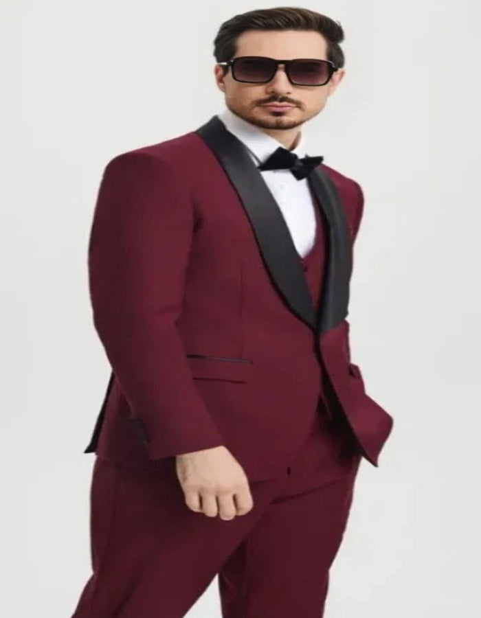 Burgundy Tuxedo - Maroon Burgundy Color - Mens One Button Shawl Lapel Matching Pants and Vest Tuxedo in Burgundy by Men's Tuxedo USA