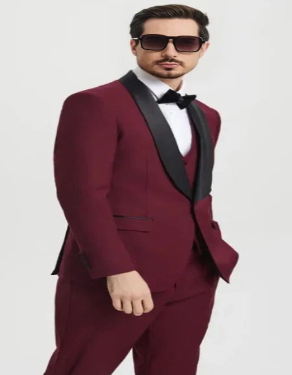 Burgundy Tuxedo - Maroon Burgundy Color - Mens One Button Shawl Lapel Matching Pants and Vest Tuxedo in Burgundy by Men's Tuxedo USA